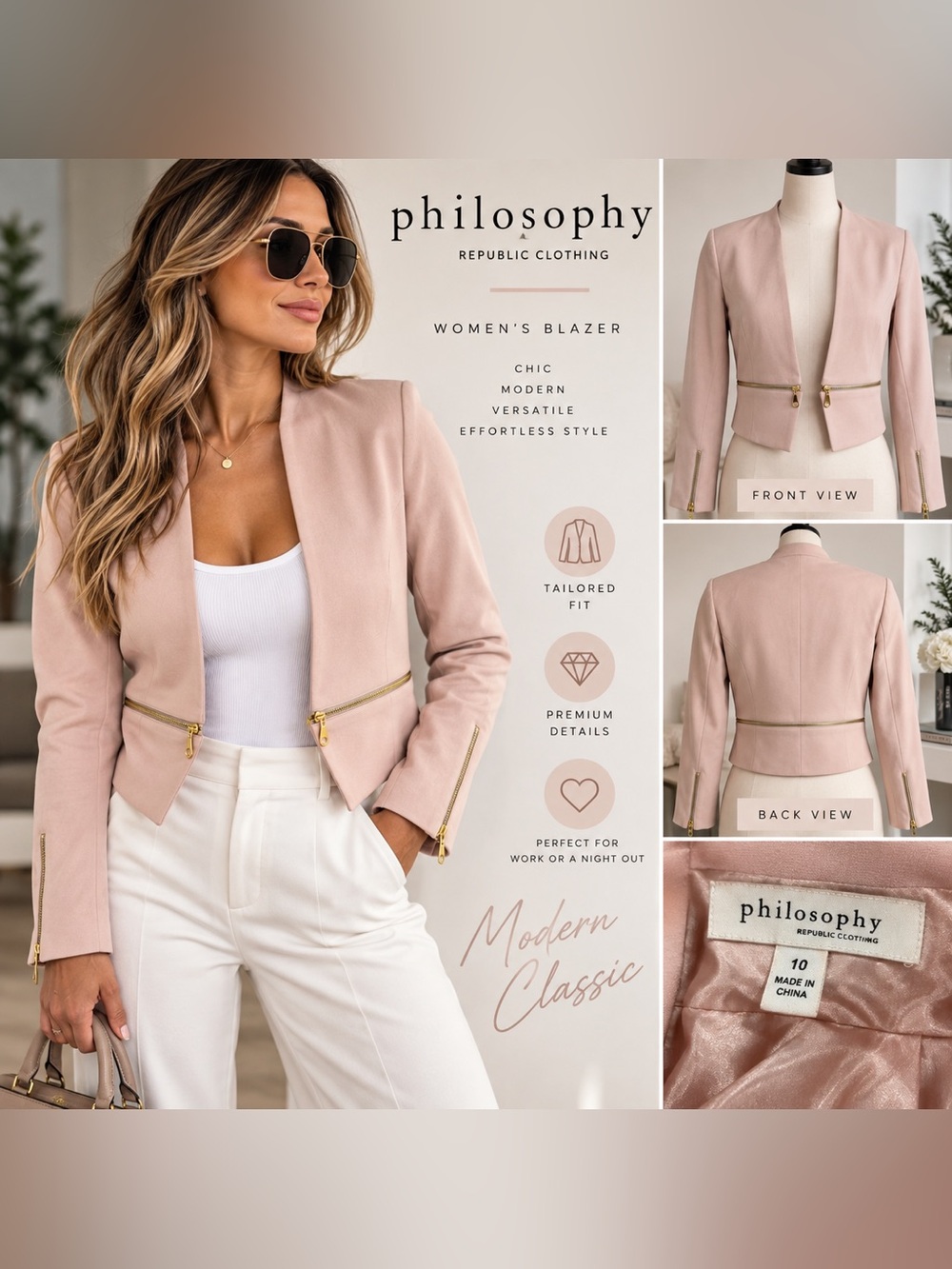 Philosophy Blazer in Blush Pink with Gold Zipper Accents